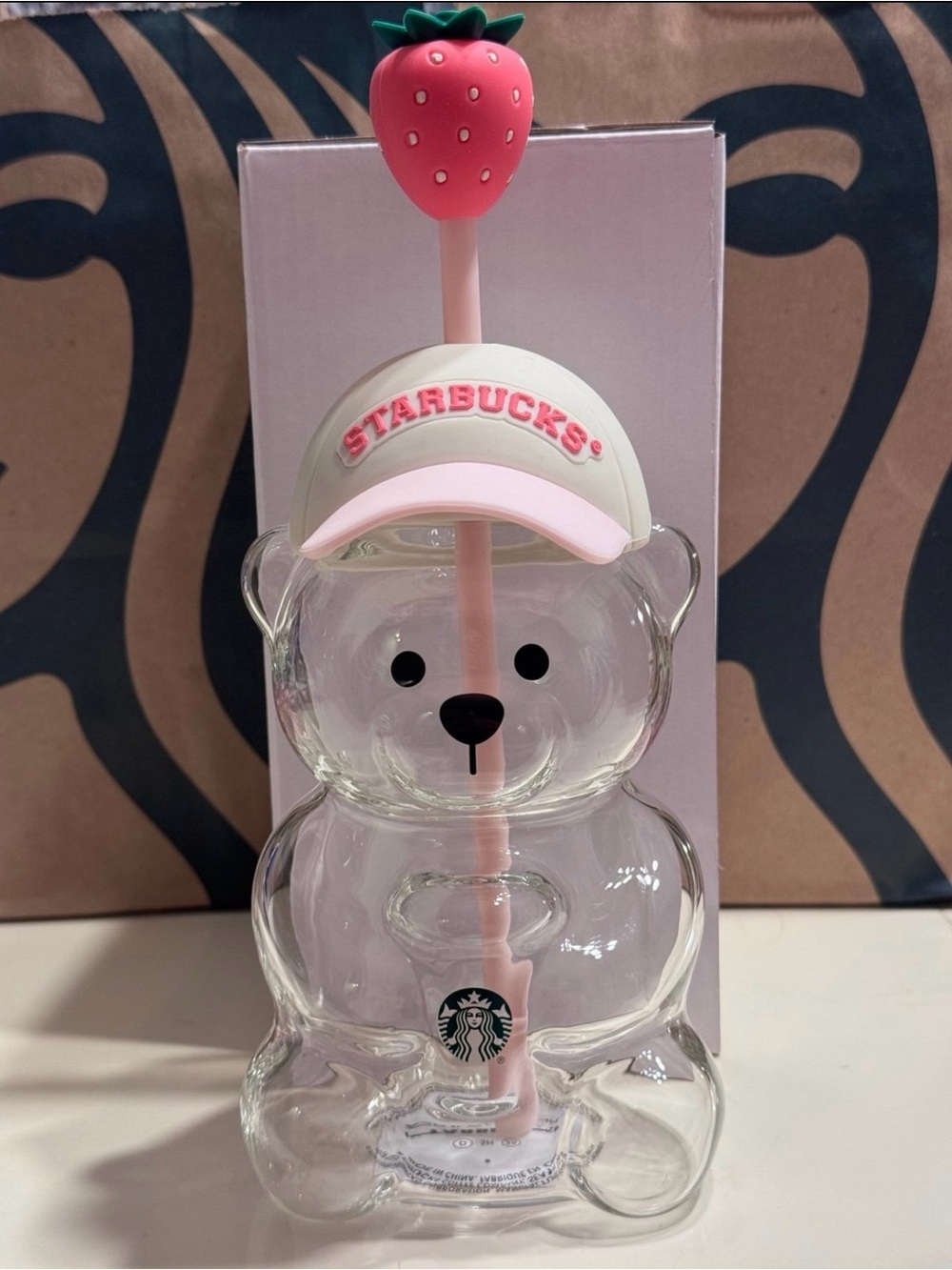 Starbucks Bearista Clear Glass Bear Cup with Pink Strawberry Straw-New in Box